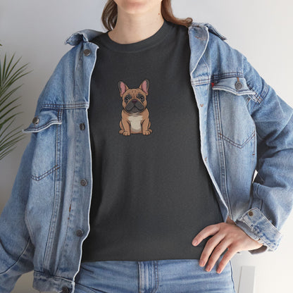 Model in denim jacket wearing dark grey French Bulldog dog graphic shirt – casual novelty dog lover tee.