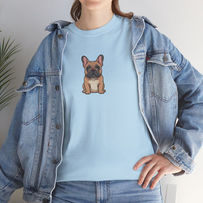 Model in denim jacket wearing light blue French Bulldog dog graphic shirt – casual novelty dog lover tee.
