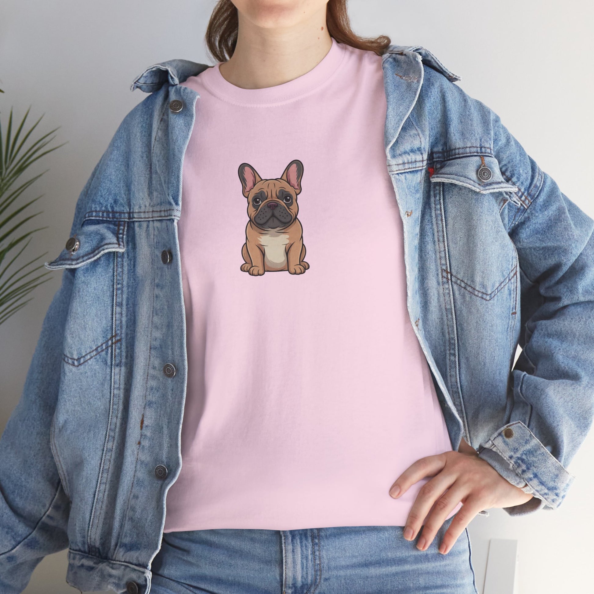 Model in denim jacket wearing pink French Bulldog dog graphic shirt – casual fun dog lover tee.