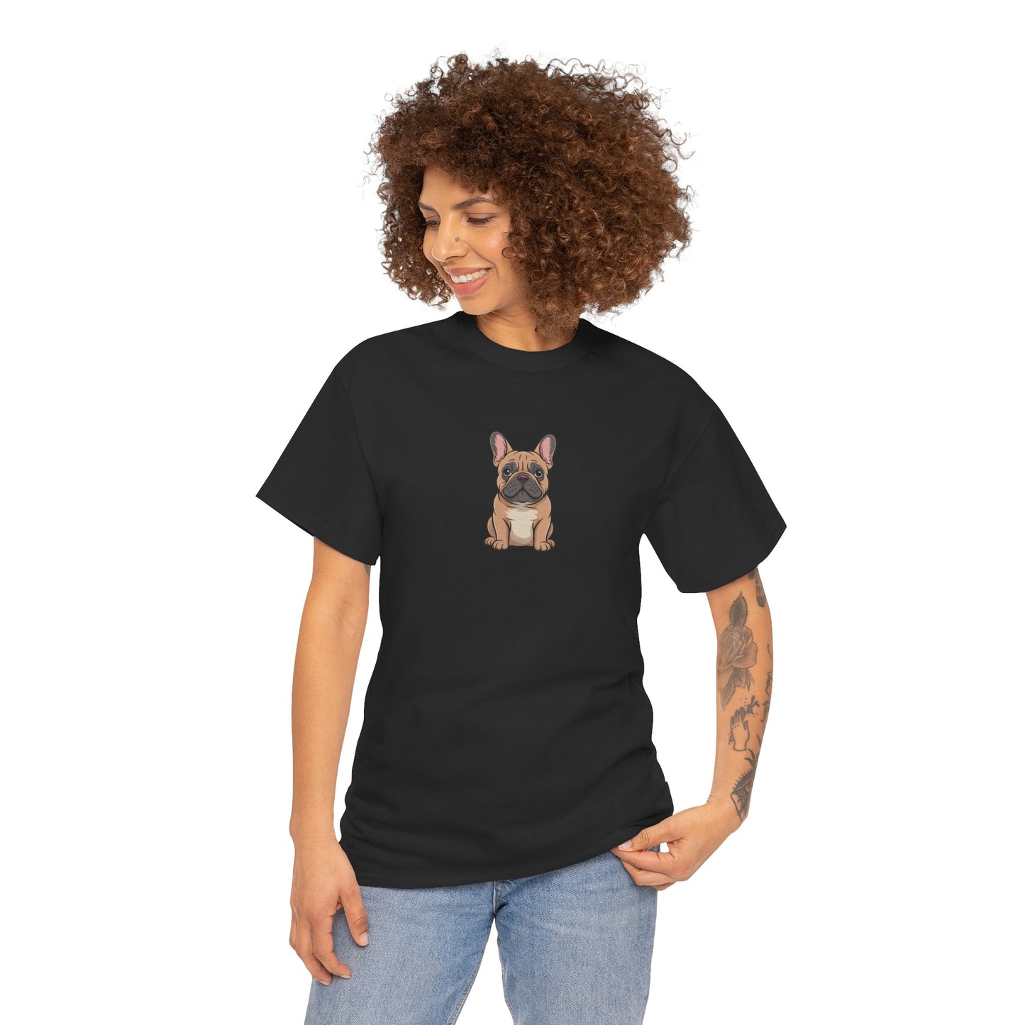 Model wearing black French Bulldog dog graphic t-shirt – cute pet lover tee.