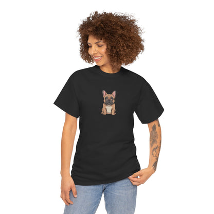 Model wearing black French Bulldog dog graphic t-shirt – cute pet lover tee.