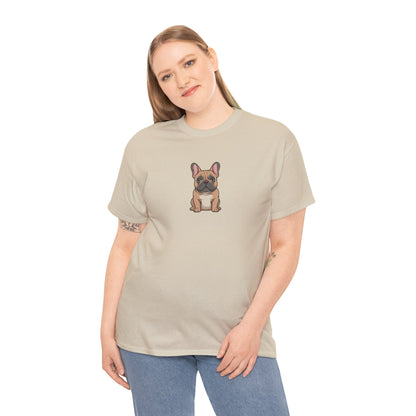 Model wearing cream French Bulldog dog graphic t-shirt – cute novelty pet tee.