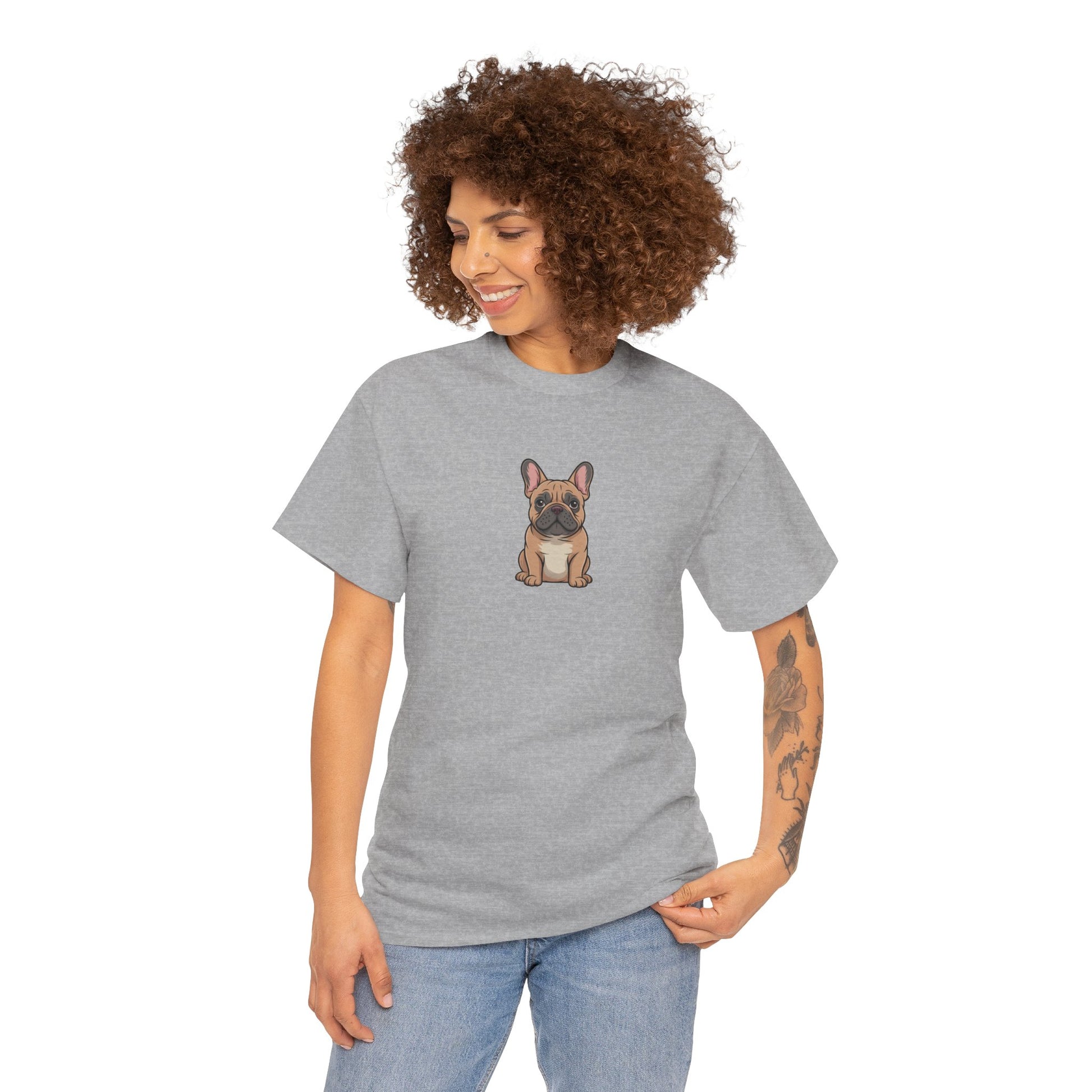 Model wearing grey French Bulldog dog graphic t-shirt – cute novelty pet tee.