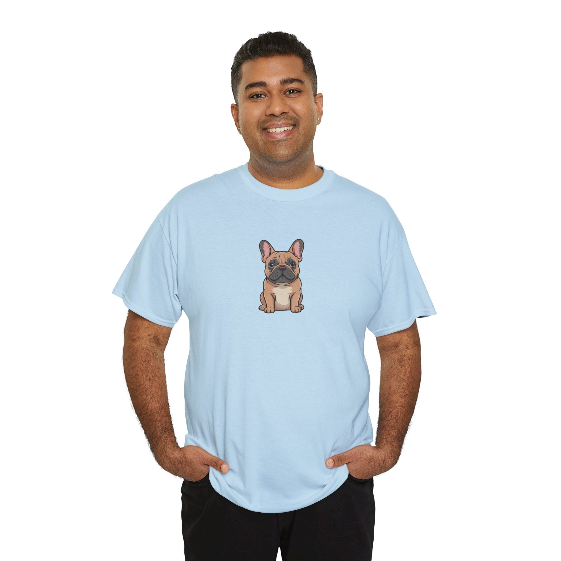 Model wearing light blue French Bulldog dog graphic t-shirt – cute novelty pet tee.