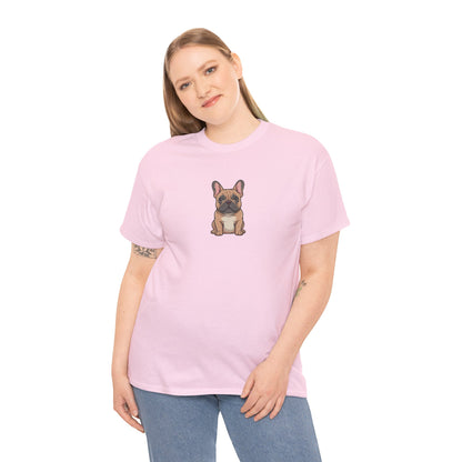 Model wearing pink French Bulldog dog graphic t-shirt – cute pet lover tee.