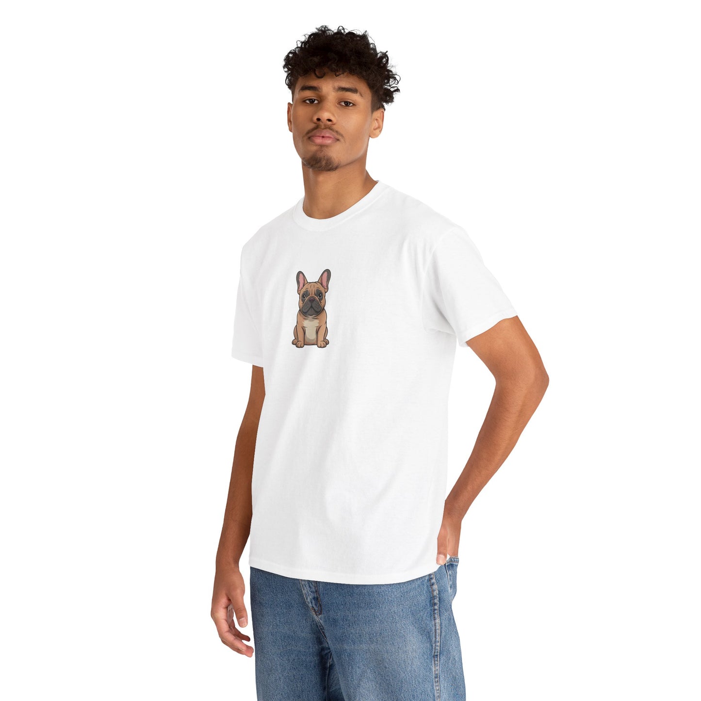 Model wearing white French Bulldog dog graphic t-shirt – novelty pet lover tee.