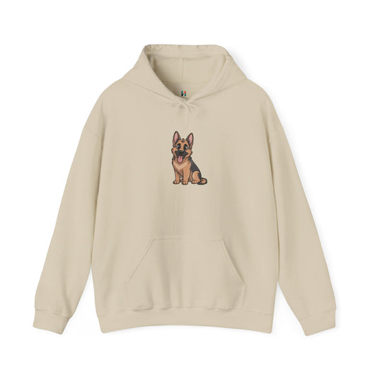 Flat lay of cream German Shepherd dog graphic hoodie – novelty funny dog lover sweatshirt.