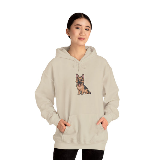 Model wearing cream German Shepherd dog graphic hoodie – cute dog lover sweatshirt.