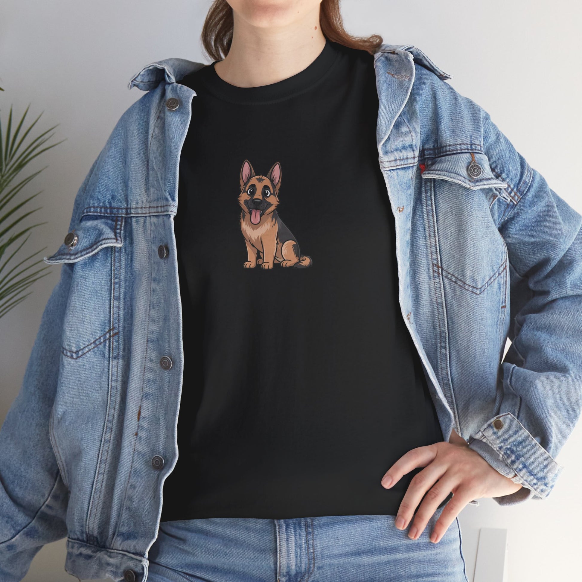 Model in blue denim jacket wearing black German Shepherd dog graphic shirt – casual cute pet tee.
