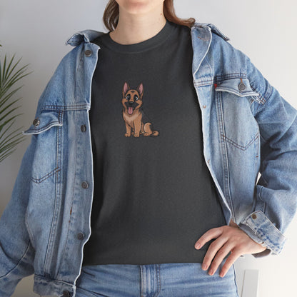 Model in blue denim jacket wearing dark grey German Shepherd dog graphic shirt – casual novelty dog lover tee.