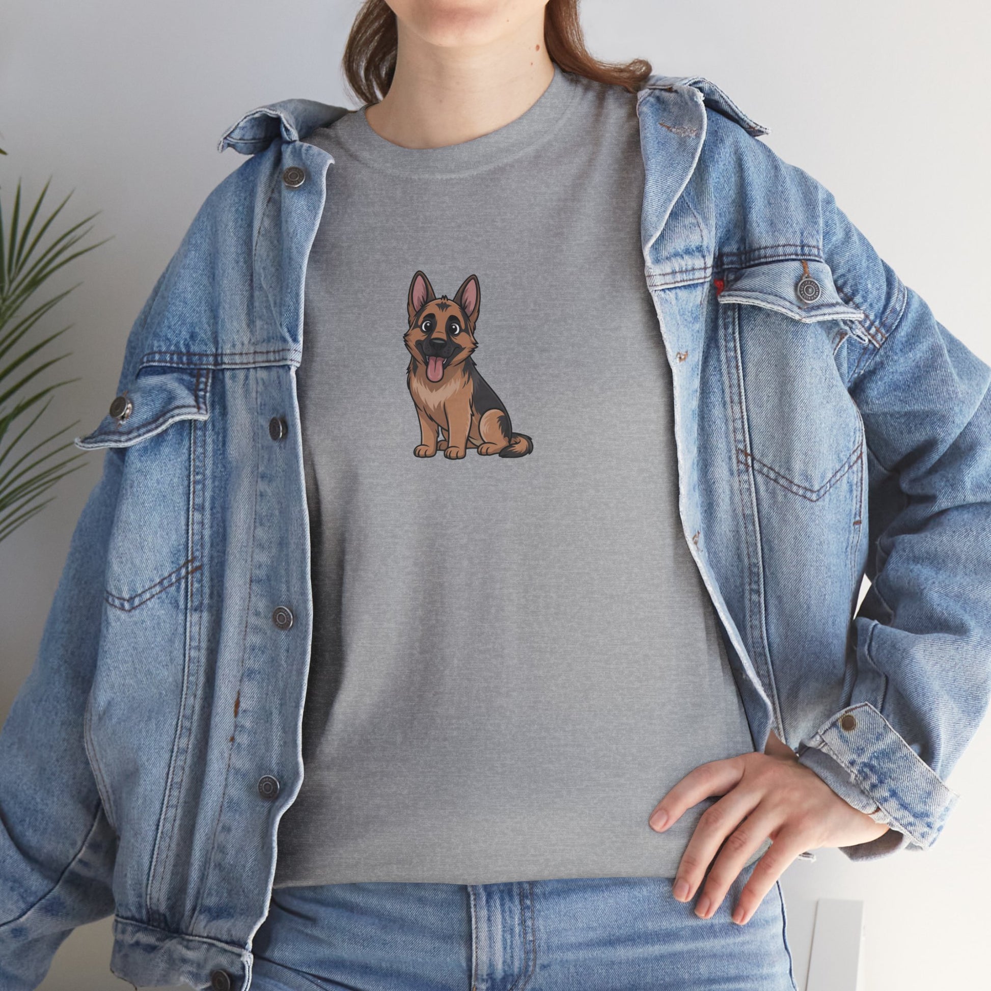 Model in blue denim jacket wearing grey German Shepherd dog graphic shirt – casual novelty pet tee.