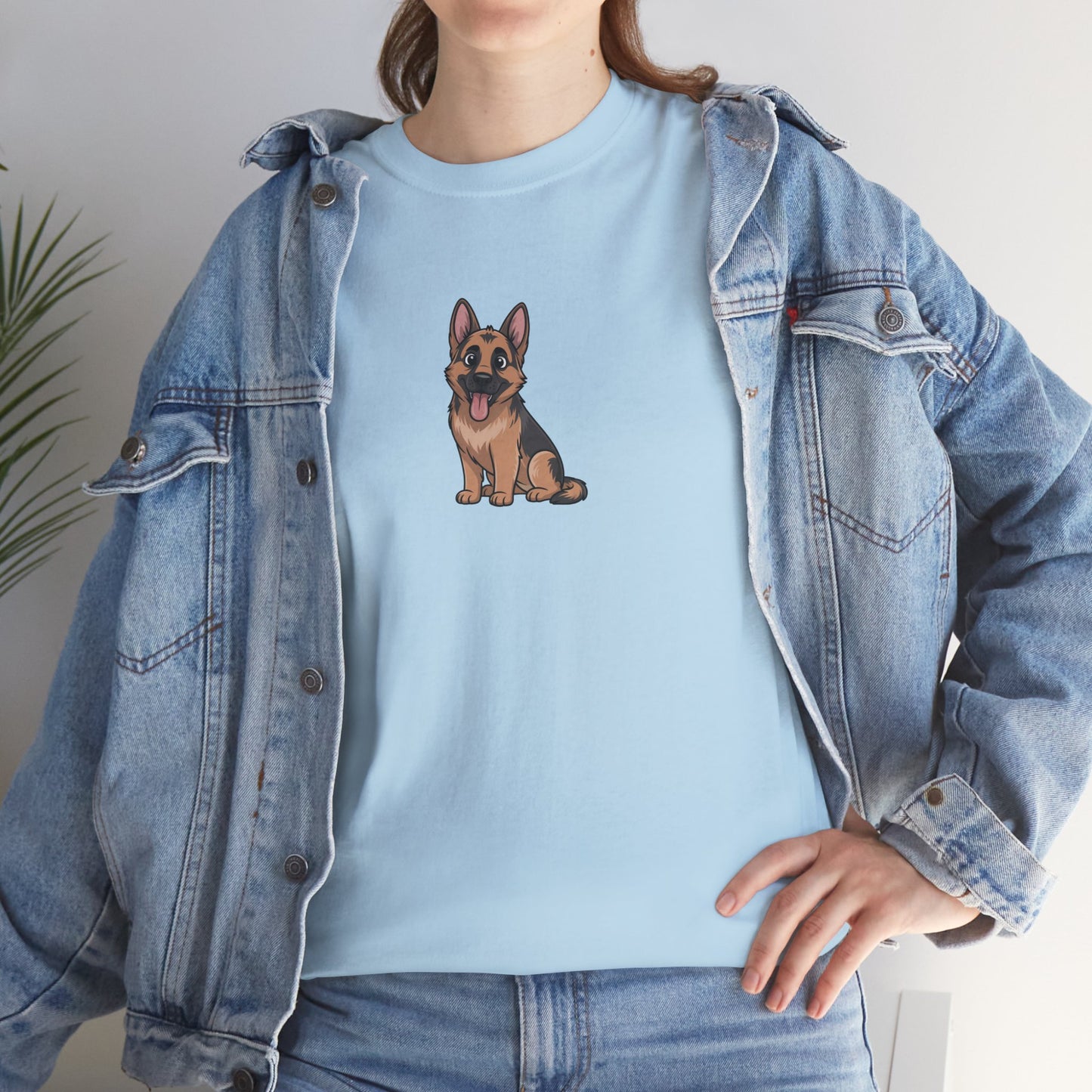 Model in blue denim jacket wearing light blue German Shepherd dog graphic shirt – casual dog lover t-shirt.