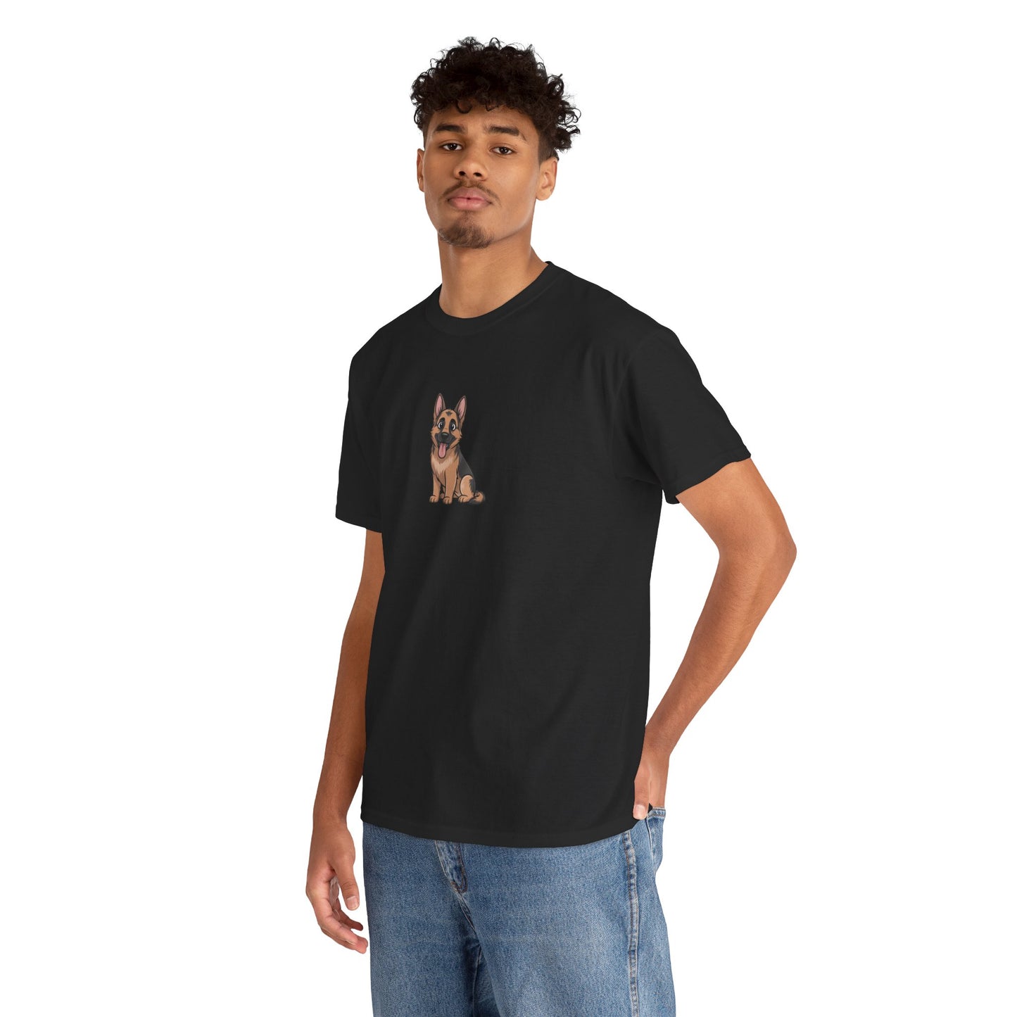 Model wearing black German Shepherd dog graphic t-shirt – cute pet lover tee.