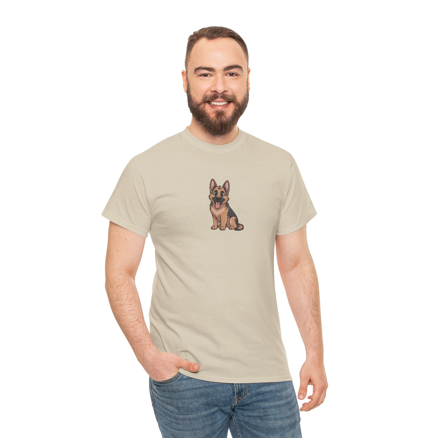 Model wearing cream German Shepherd dog graphic t-shirt – cute novelty pet tee.