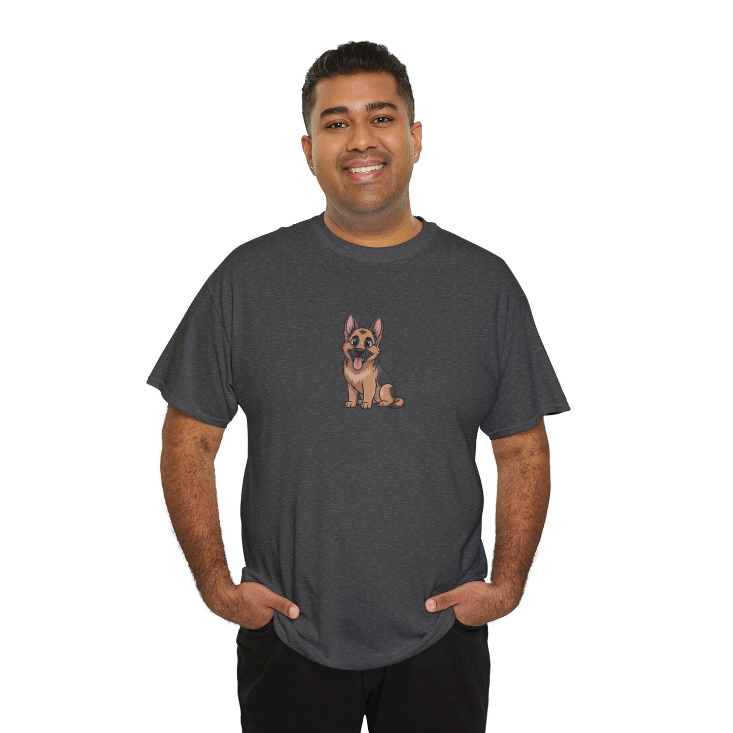 Model wearing dark grey German Shepherd dog graphic t-shirt – cute pet lover tee.