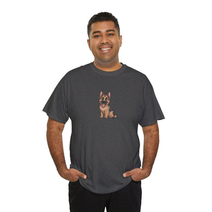 Model wearing dark grey German Shepherd dog graphic t-shirt – cute pet lover tee.