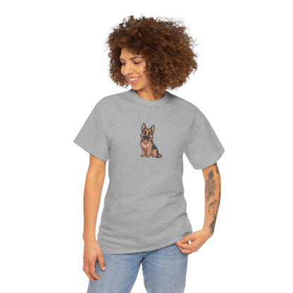 Model wearing grey German Shepherd dog graphic t-shirt – cute novelty pet tee.