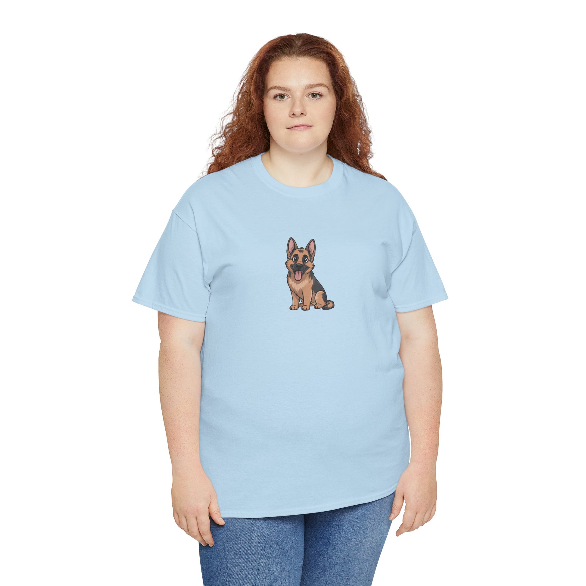 Model wearing light blue German Shepherd dog graphic t-shirt – cute pet lover tee.
