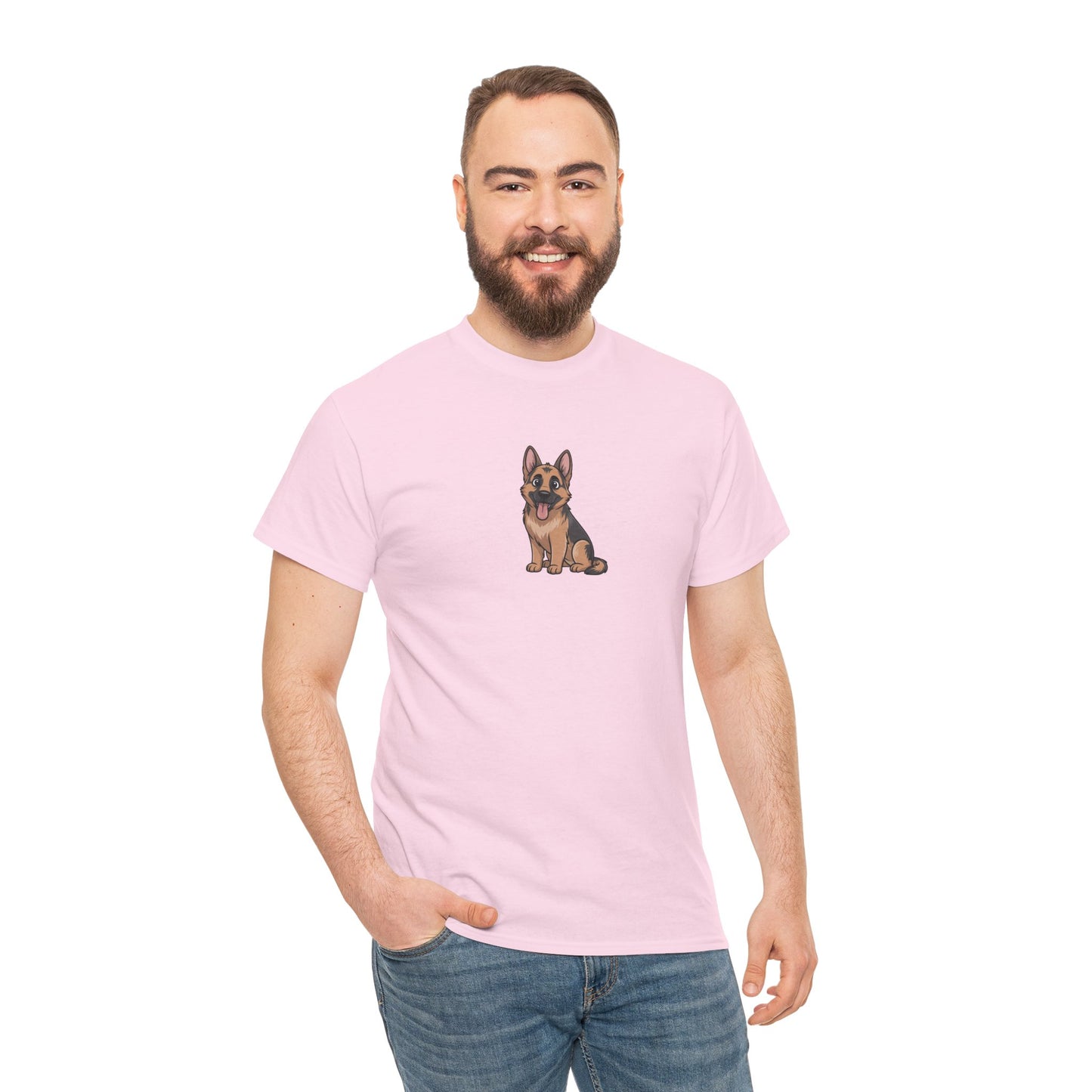 Model wearing pink German Shepherd dog graphic t-shirt – cute pet parody tee.