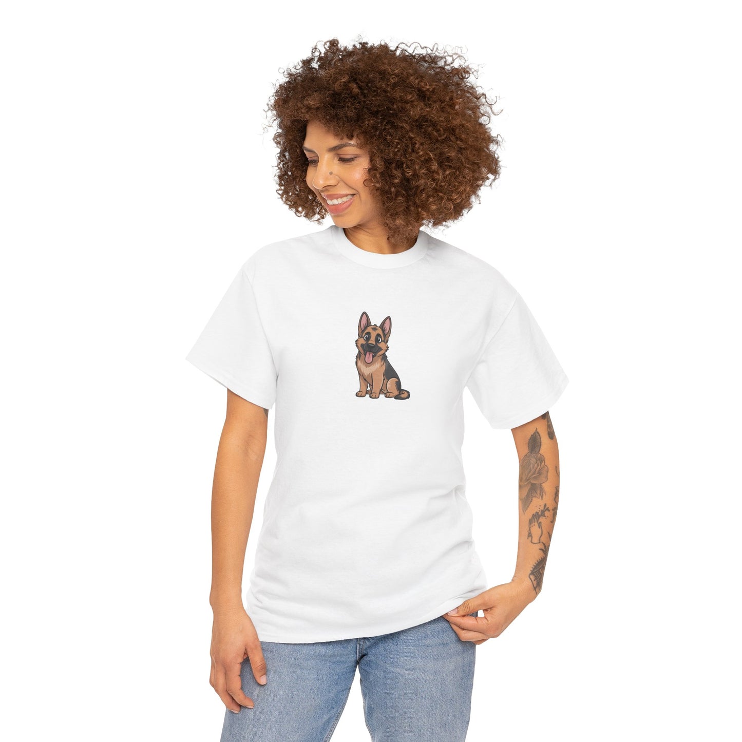 Model wearing white German Shepherd dog graphic t-shirt – funny novelty pet tee.