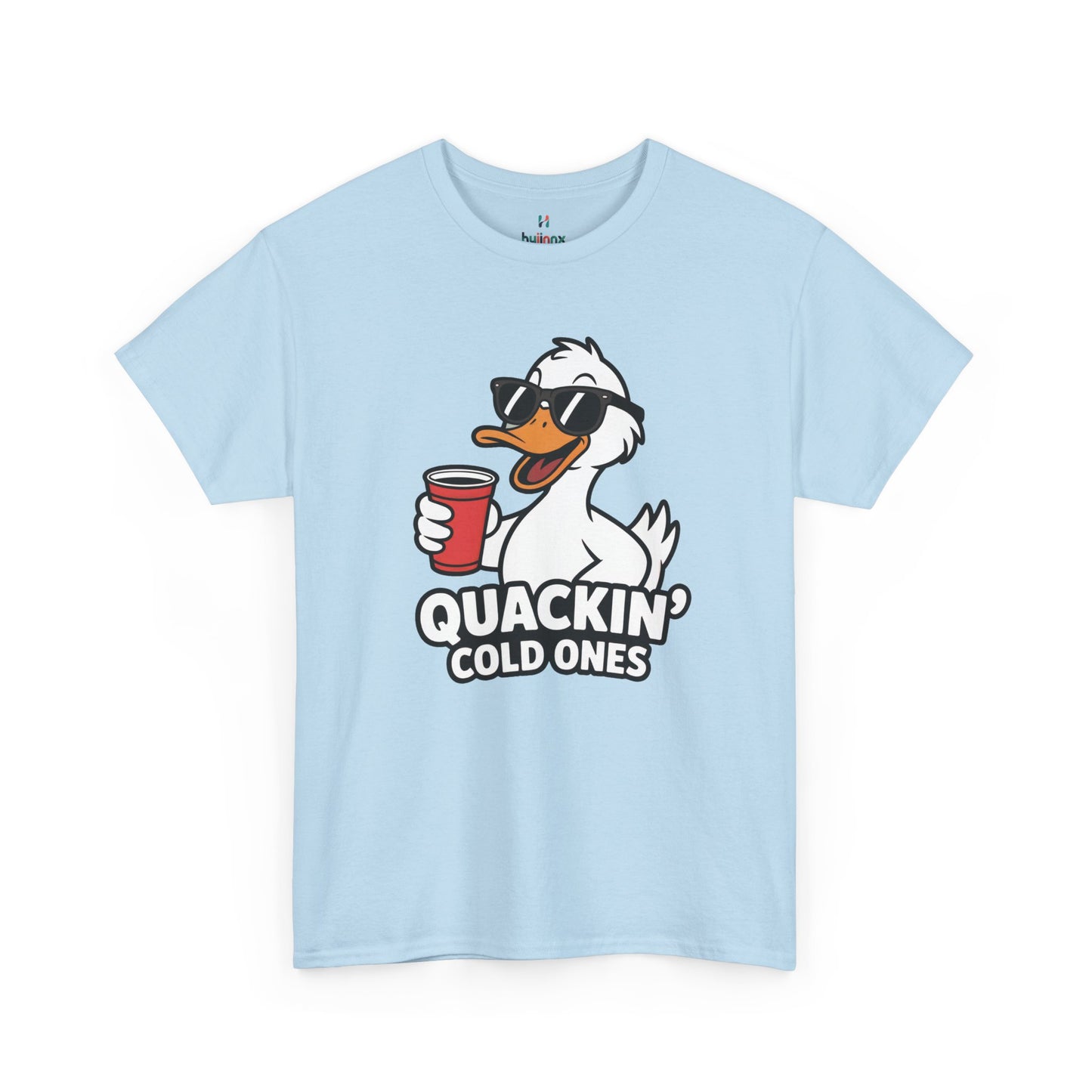 Light blue Quackin’ Cold Ones duck meme shirt – novelty funny graphic tee.