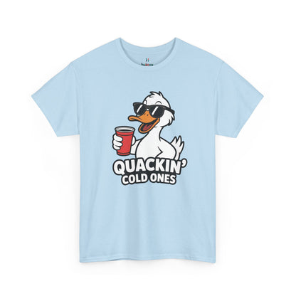 Light blue Quackin’ Cold Ones duck meme shirt – novelty funny graphic tee.