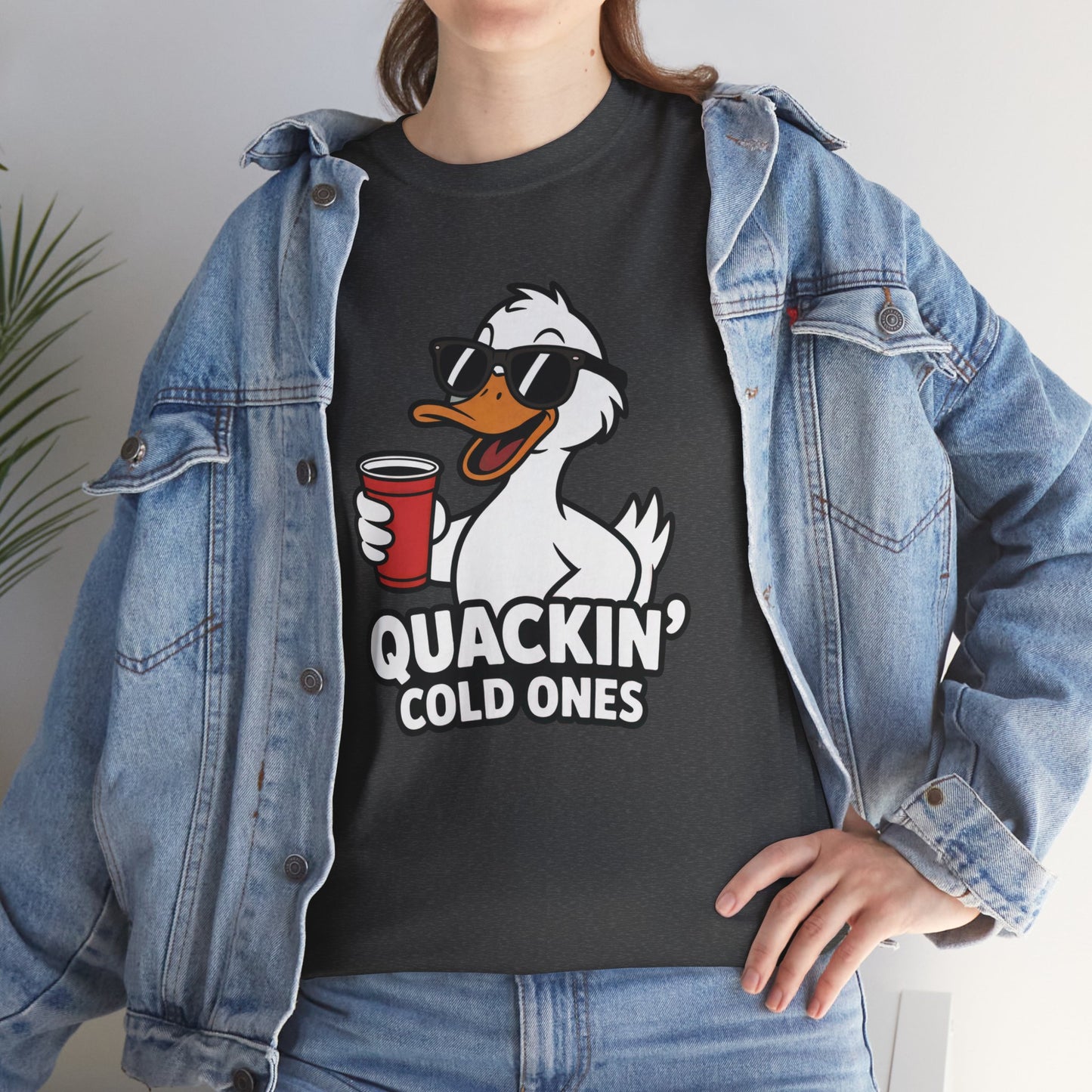 Model in blue denim jacket wearing dark grey Quackin’ Cold Ones duck meme shirt – casual funny graphic tee.