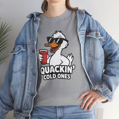 Model in blue denim jacket wearing grey Quackin’ Cold Ones duck meme shirt – casual novelty graphic tee.