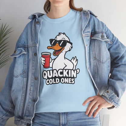 Model in blue denim jacket wearing light blue Quackin’ Cold Ones duck meme shirt – casual funny meme outfit tee.