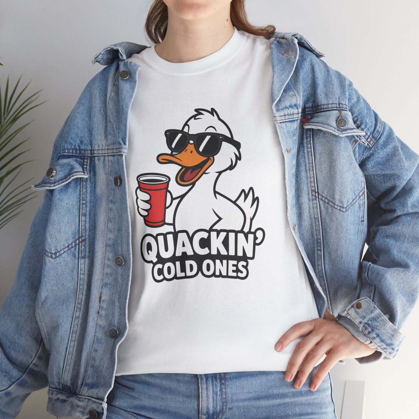 Model in blue denim jacket wearing white Quackin’ Cold Ones duck meme shirt – casual novelty graphic tee outfit.