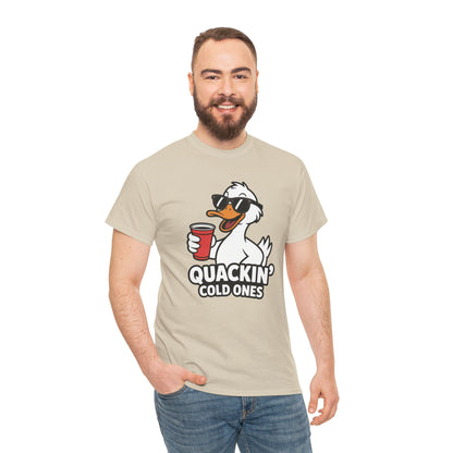 Model wearing cream Quackin’ Cold Ones duck meme t-shirt – funny novelty tee.