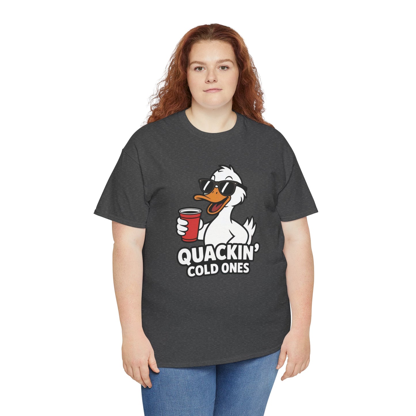 Model wearing dark grey Quackin’ Cold Ones duck meme t-shirt – funny graphic tee.