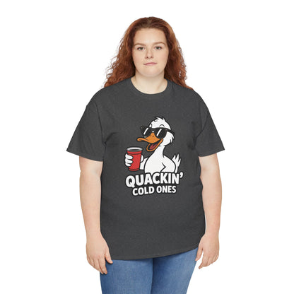 Model wearing dark grey Quackin’ Cold Ones duck meme t-shirt – funny graphic tee.