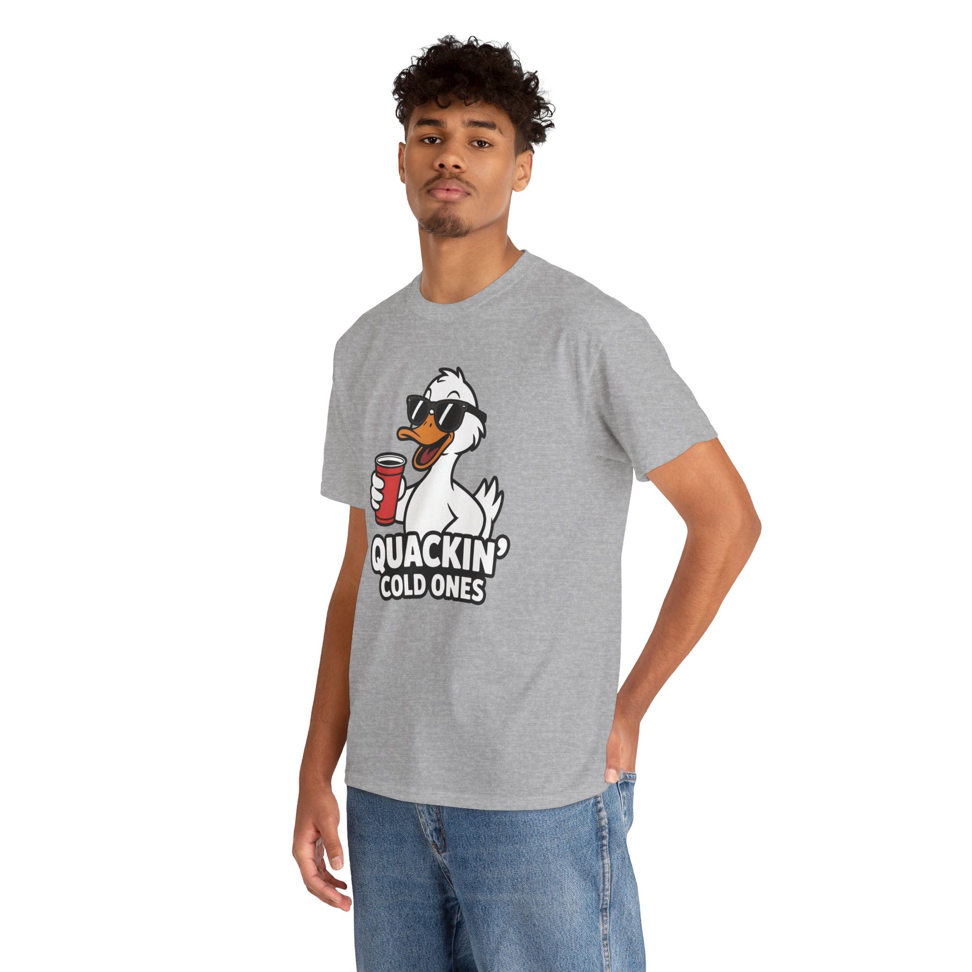 Model wearing grey Quackin’ Cold Ones duck meme t-shirt – funny novelty tee.