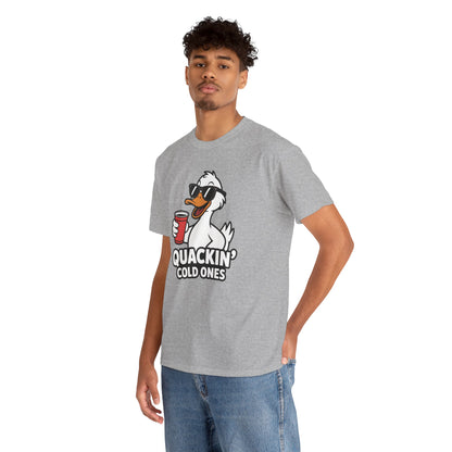 Model wearing grey Quackin’ Cold Ones duck meme t-shirt – funny novelty tee.