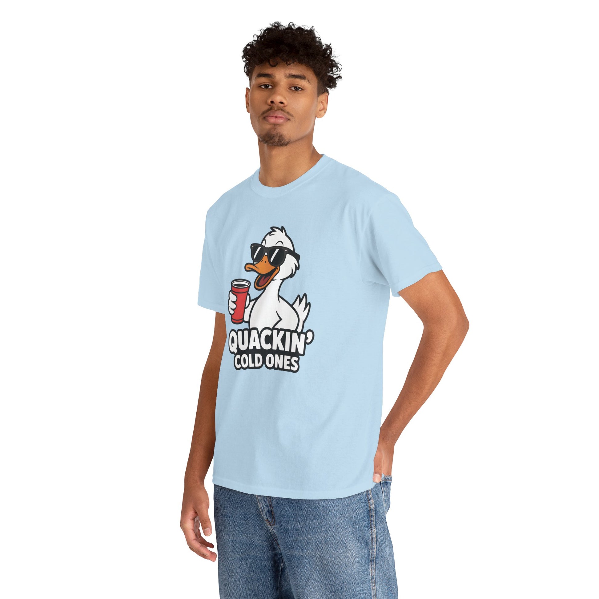 Model wearing light blue Quackin’ Cold Ones duck meme t-shirt – funny graphic tee.