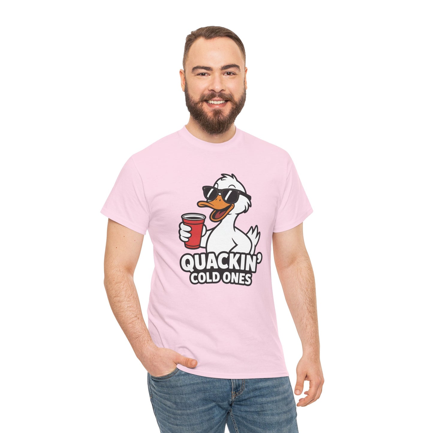 Model wearing pink Quackin’ Cold Ones duck meme t-shirt – funny cute graphic tee.