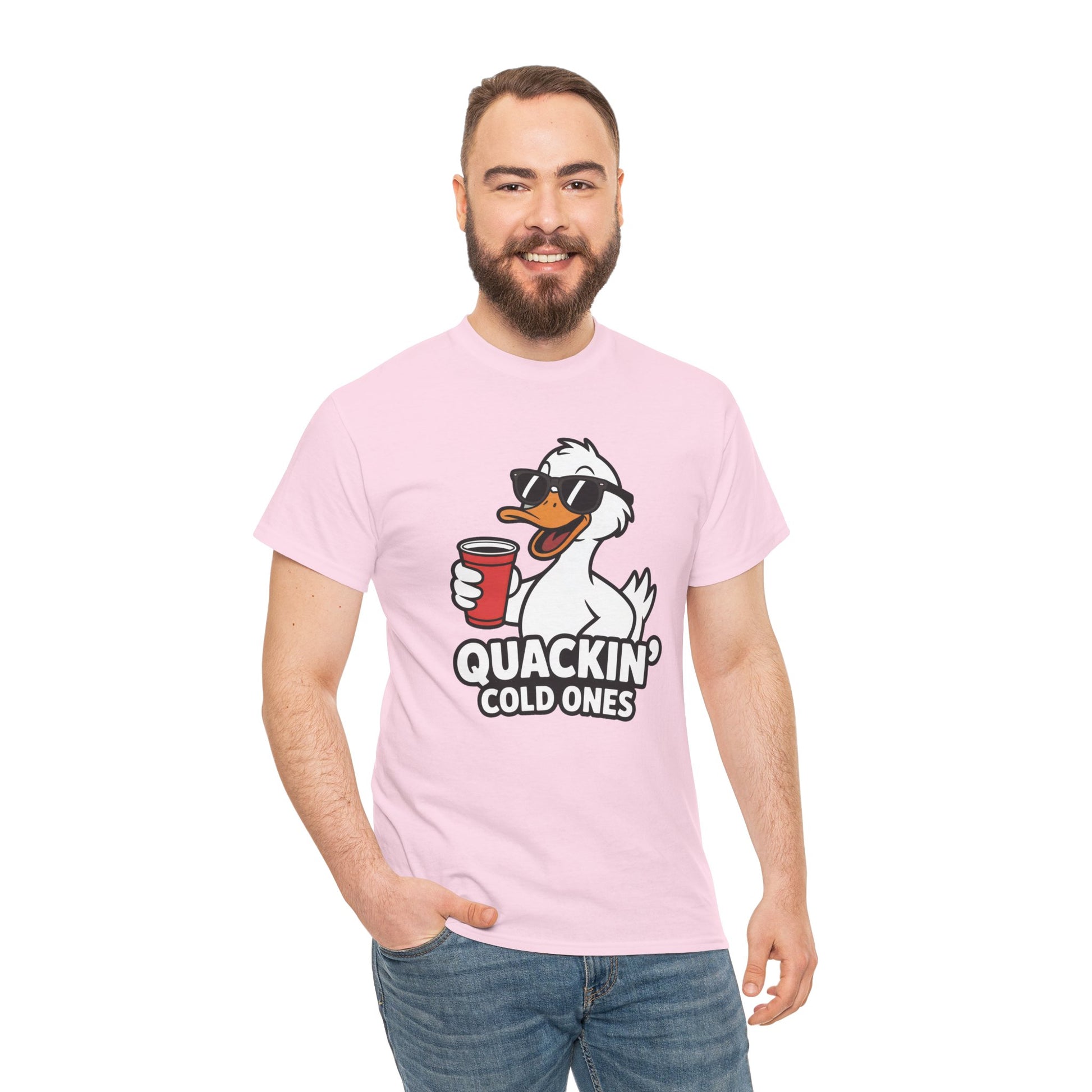 Model wearing pink Quackin’ Cold Ones duck meme t-shirt – funny cute graphic tee.