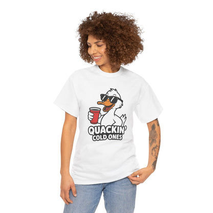 Model wearing white Quackin’ Cold Ones duck meme t-shirt – funny novelty tee.