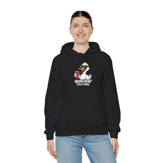 Model wearing black Quackin’ Cold Ones duck meme hoodie – funny graphic sweatshirt