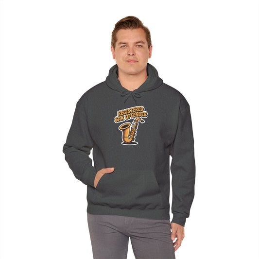 Model wearing dark grey Registered Sax Offender hoodie – funny saxophone parody sweatshirt