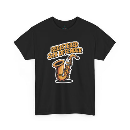 Black Registered Sax Offender saxophone parody shirt – novelty funny music tee.