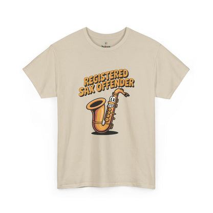 Cream Registered Sax Offender saxophone parody shirt – novelty funny music lover tee.