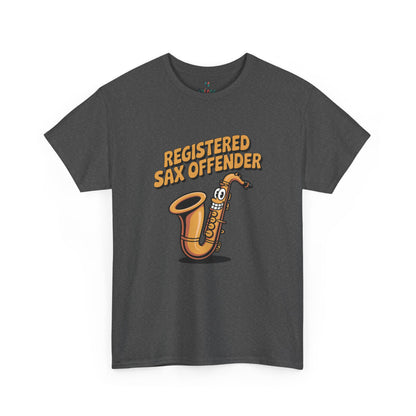 Dark grey Registered Sax Offender saxophone parody shirt – novelty funny music lover tee.