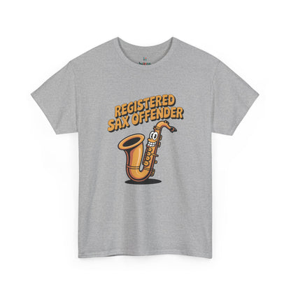 Grey Registered Sax Offender saxophone parody shirt – novelty funny music lover tee.