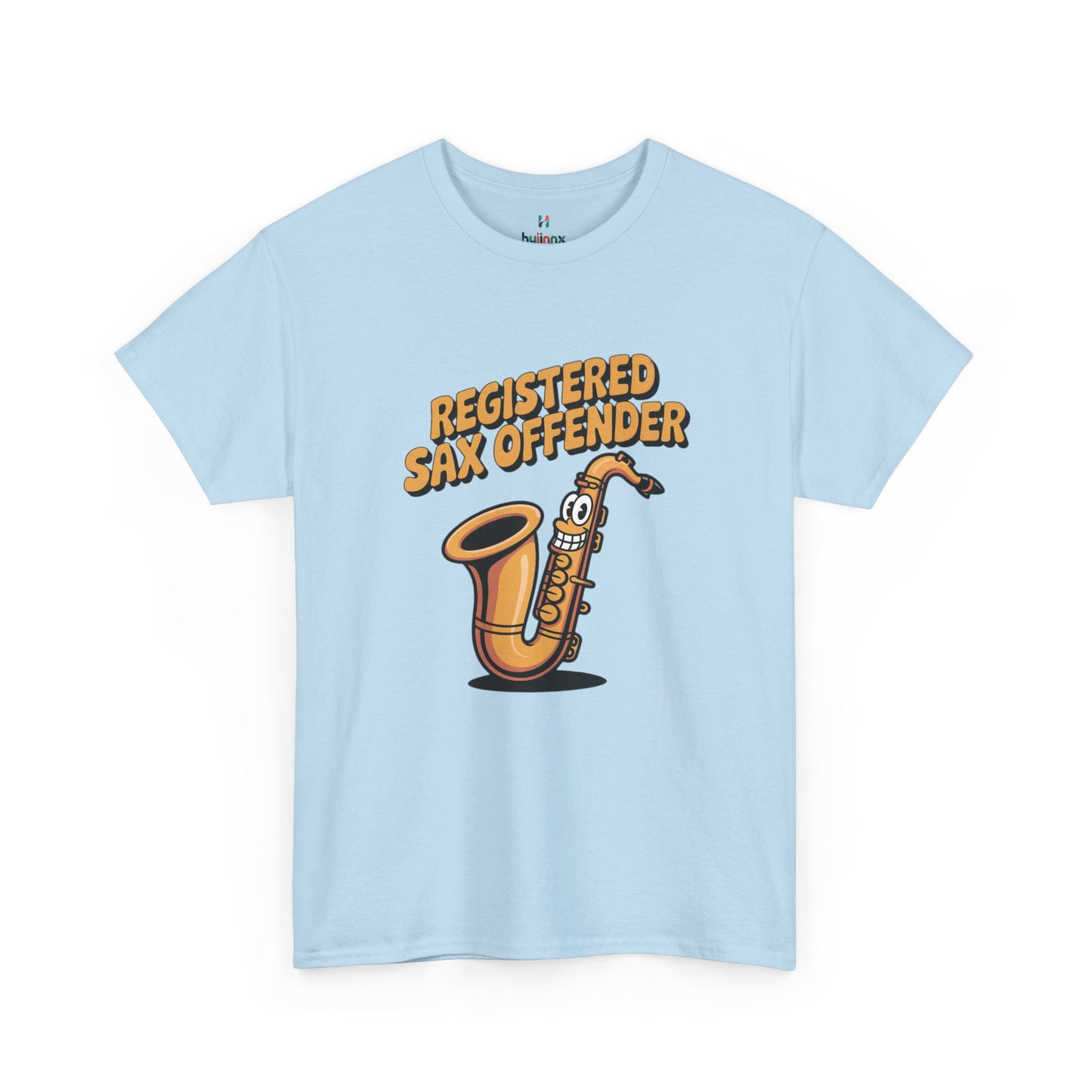 Light blue Registered Sax Offender saxophone parody shirt – novelty funny music lover tee.