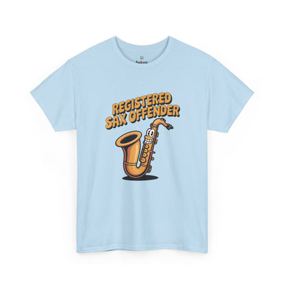 Light blue Registered Sax Offender saxophone parody shirt – novelty funny music lover tee.