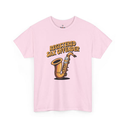 Pink Registered Sax Offender saxophone parody shirt – novelty funny music lover tee.