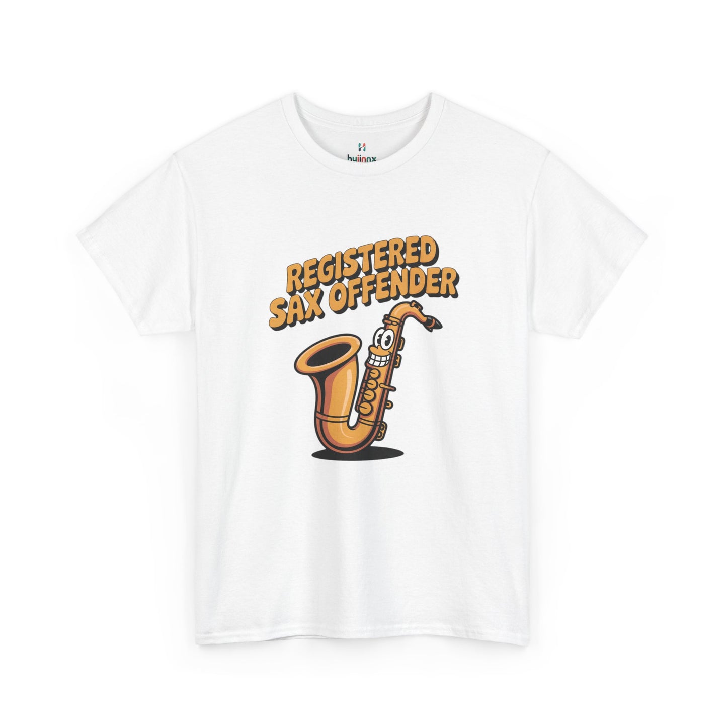 White Registered Sax Offender saxophone parody shirt – novelty funny music lover tee.