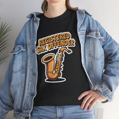 Model in denim jacket wearing black Registered Sax Offender saxophone graphic shirt – casual funny music tee.